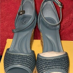 Blue Woven Ankle-Strap Wedge Sandals